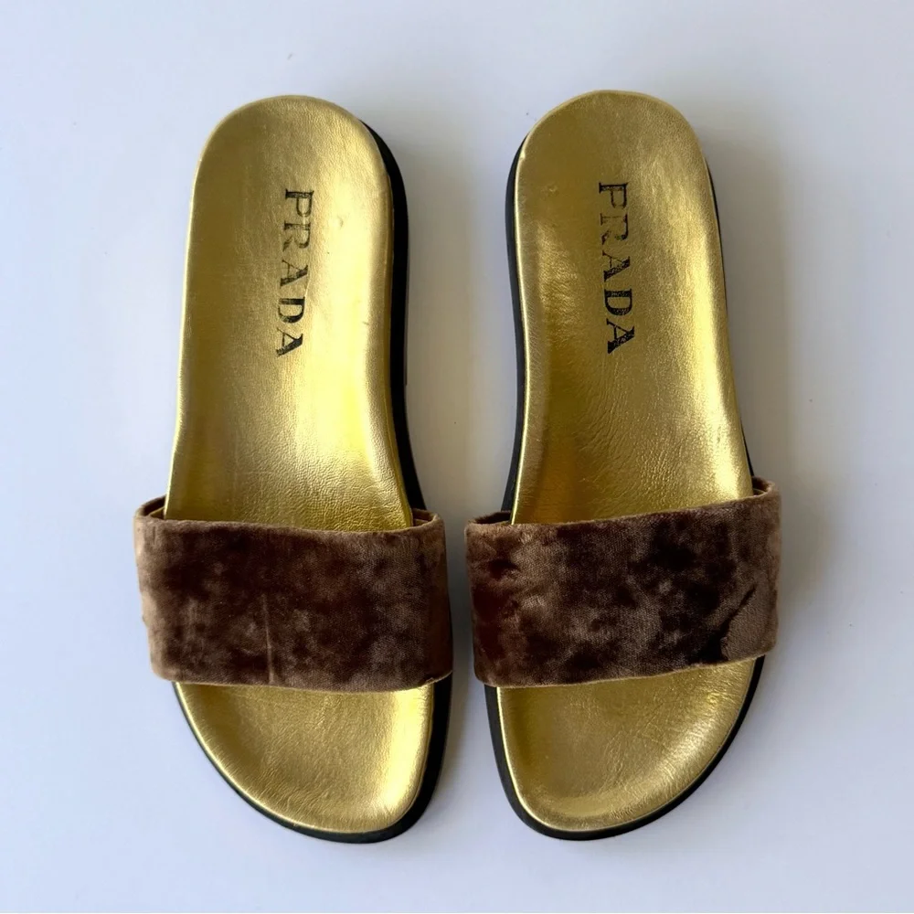 Prada Velvet Slide Sandals in Brown & Gold Size 36 - Picture 15 of 15